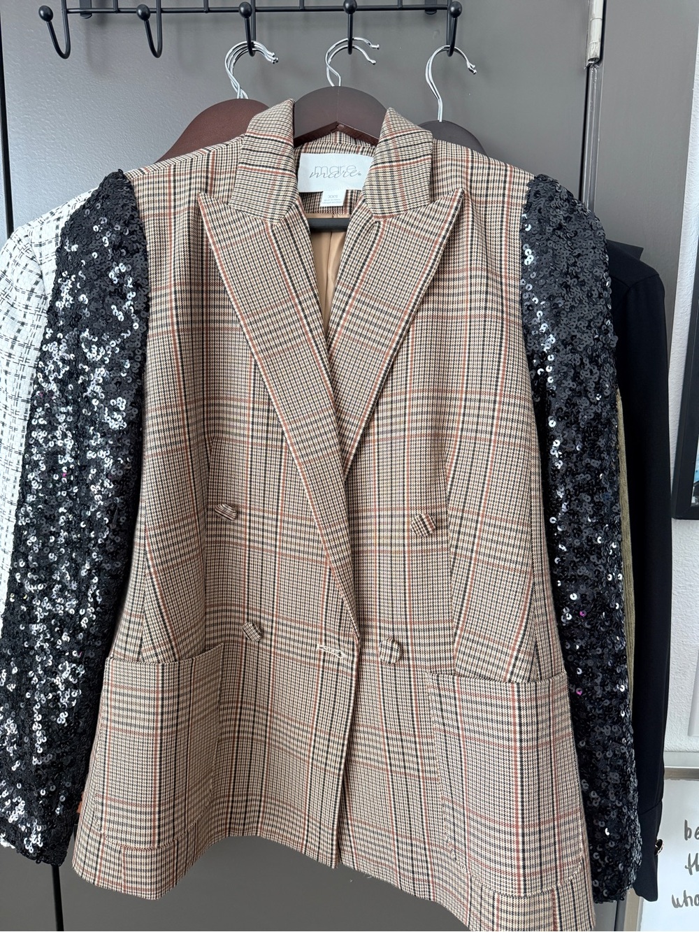 Tailored Plaid Blazer with Black Sequin Sleeves